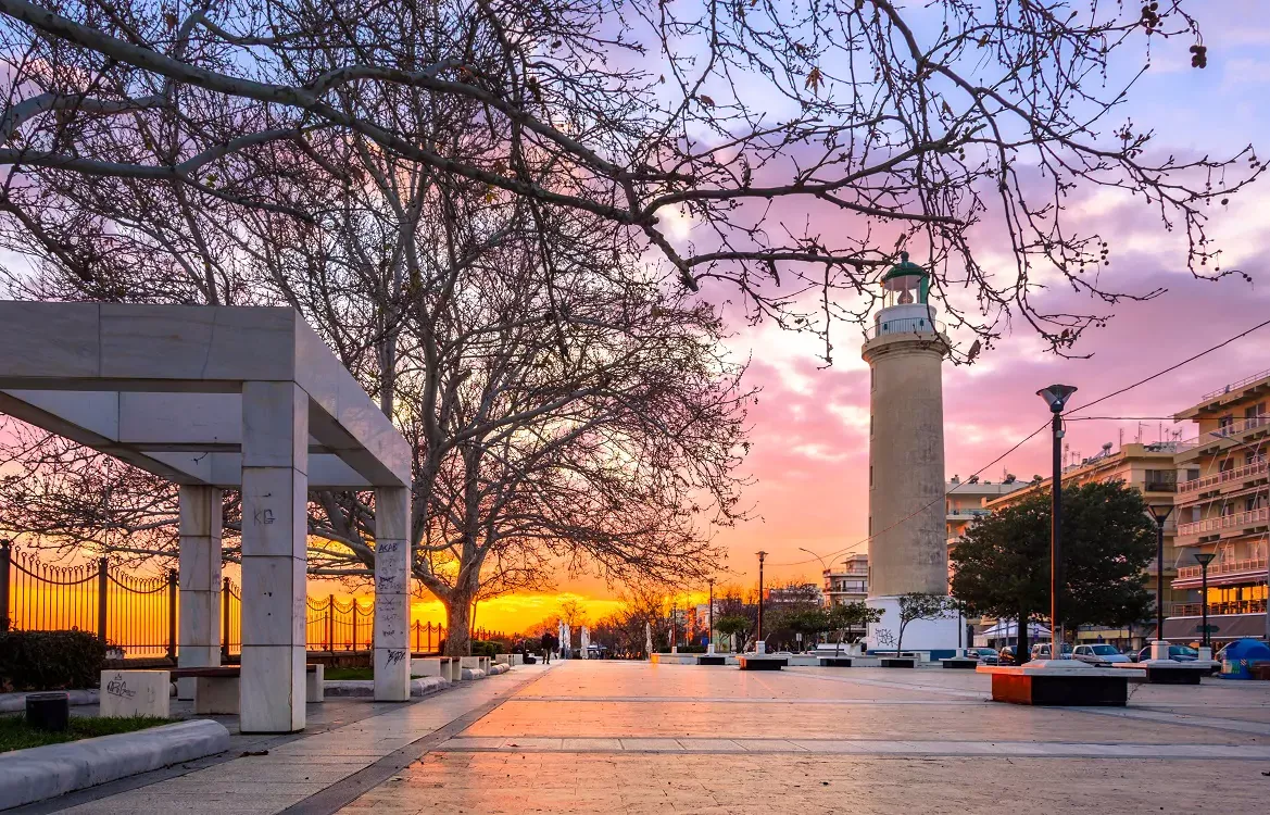 The Alexandroupolis lighthouse and promenade at sunset